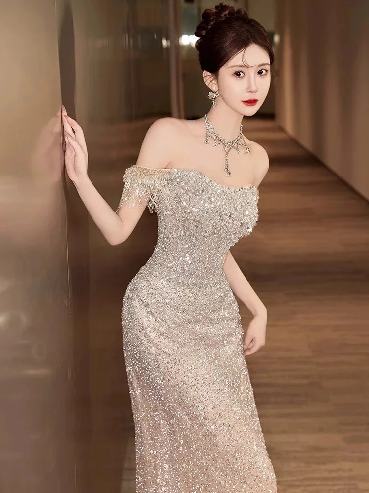 一字肩晚礼服女宴会鱼尾主持人敬酒服新娘订婚礼裙学生成人礼礼服