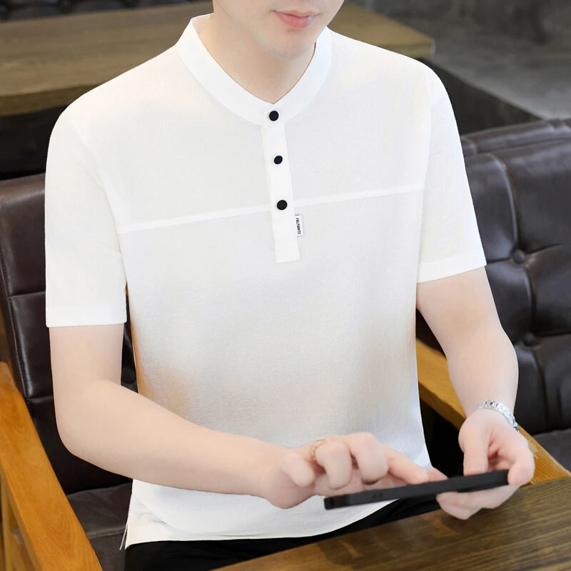 国潮青复古风亨利领短袖T恤夏季潮流百搭短袖韩版男士时尚ins男装