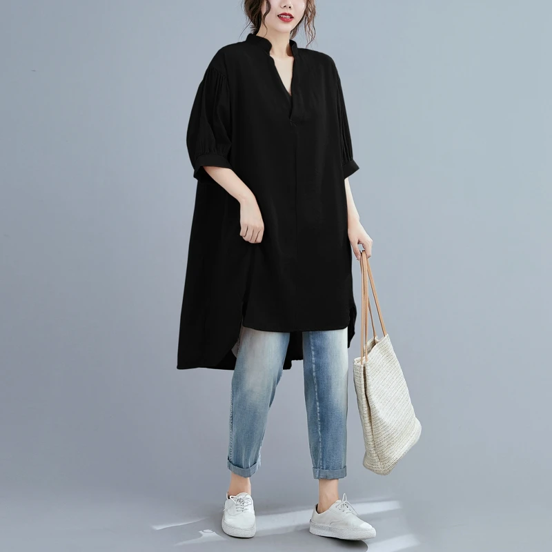 胖mm大码女装褶皱灯笼袖V领纯色衬衫夏季侧开叉不规则中长款上衣