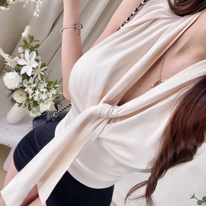 春秋新款气质百搭女人味御姐范飘带褶皱性感修身显腰身无袖背心女