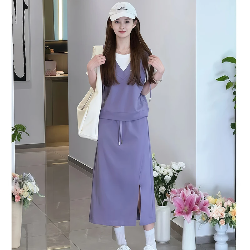 高含棉休闲套装女2025年夏季新款洋气假两件连帽上衣半身裙两件套