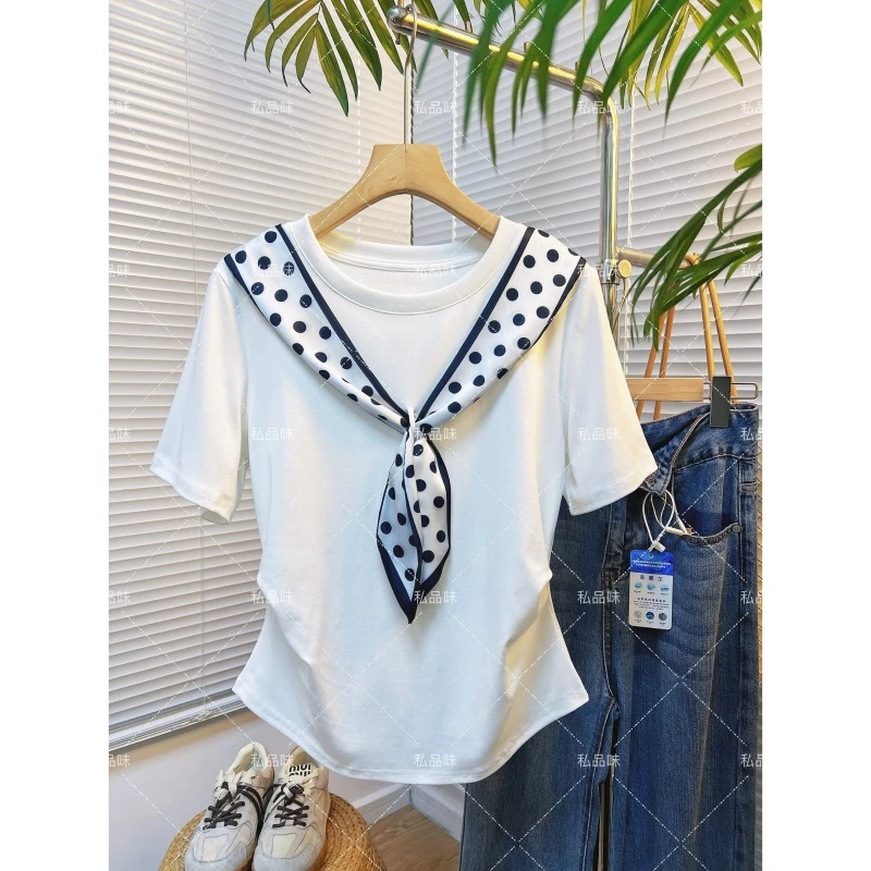 SPW私品味  2025法式丝巾领结印花设计感纯棉短袖T恤  T0011