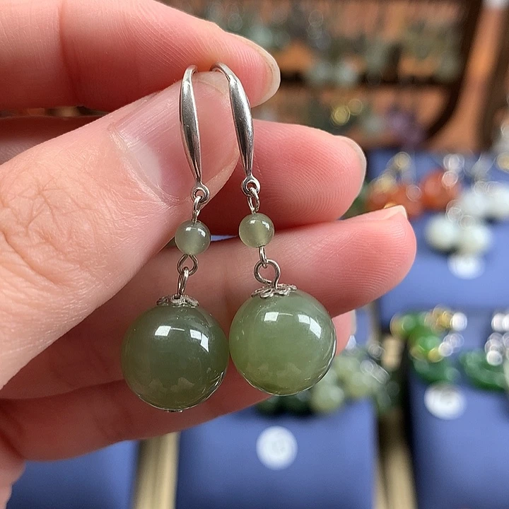 和田玉银S925镶嵌耳饰12左右湖水绿