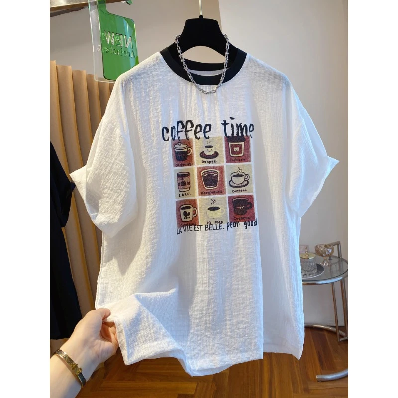 胖妹妹大码设计感印花棉麻t恤女短袖2025新款宽松休闲薄款上衣夏