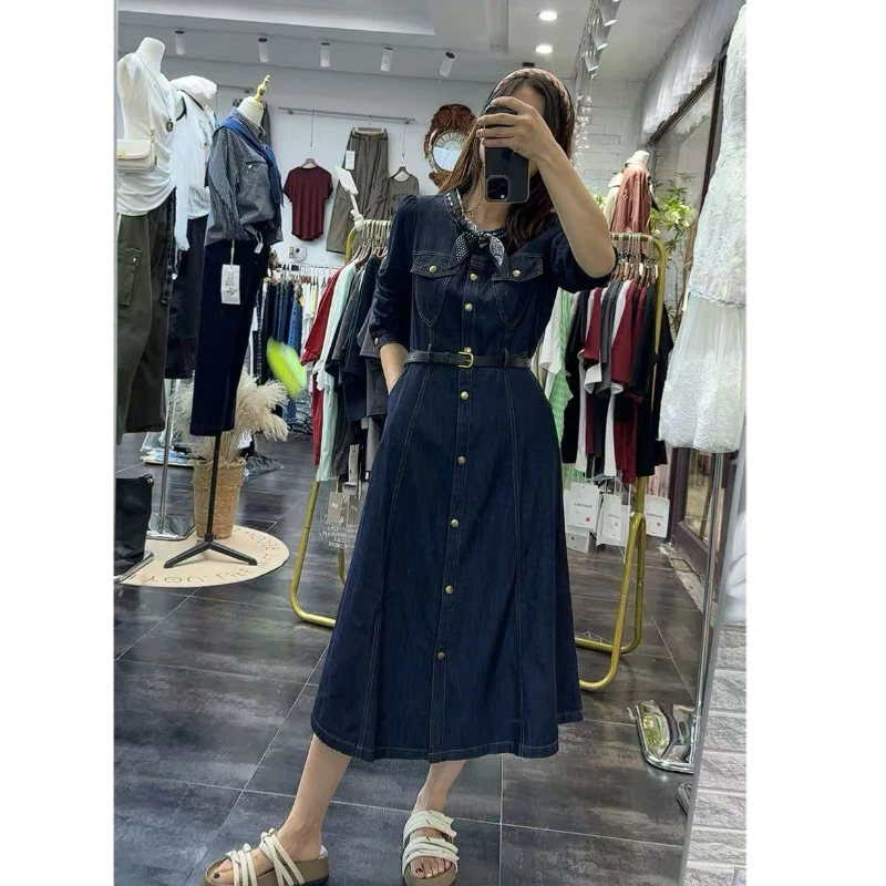 秋季新品复古收腰飘带设计感高腰显瘦牛仔中长款连衣裙洋气通勤潮