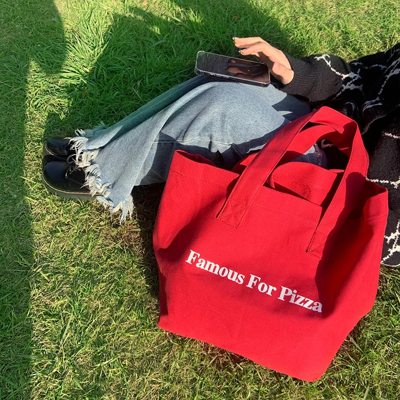 2024新款ins小众红色帆布袋休闲字母印花帆布单肩包大容量学生包