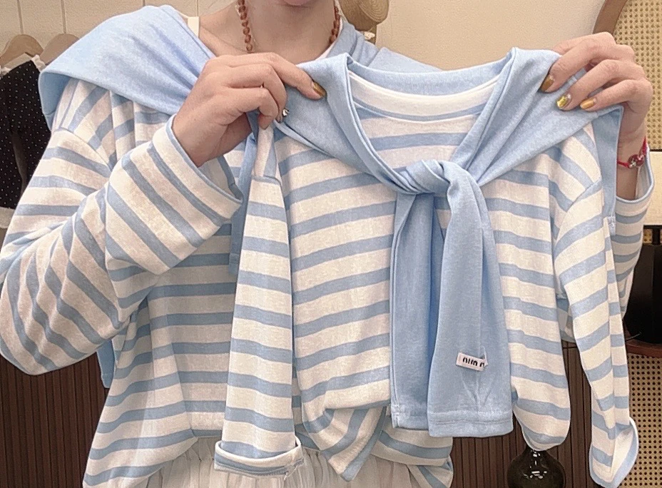 【多巴胺】(送披肩)新款女童小清新条纹打底衫时尚百搭长袖防晒上衣