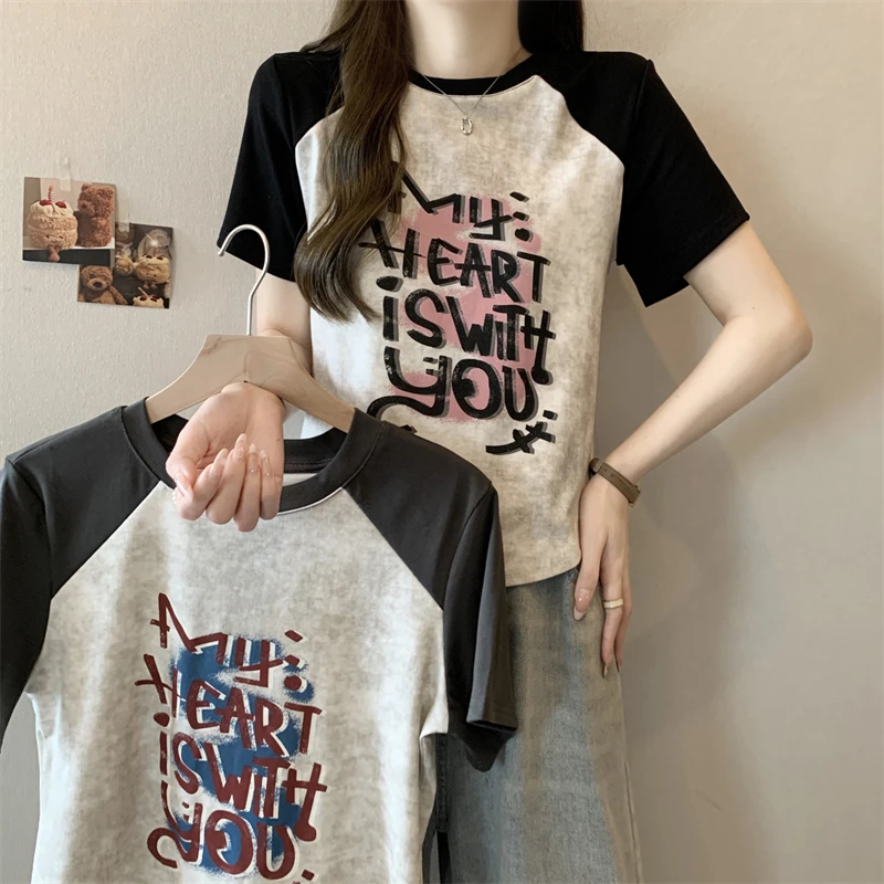 大码女装2024夏季新款修身显瘦字母拼色短袖T恤上衣1232