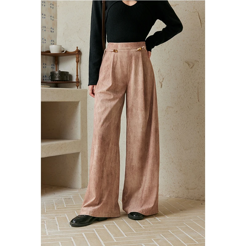 【年末大促】谜秀新品休闲裤新中式风粉色直筒阔腿裤女夏宽松设计感
