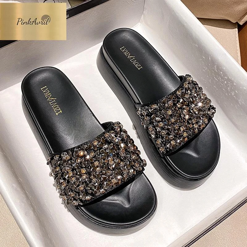 PinkAvril湿水不臭拖鞋女夏外穿2024新款闪钻一字带女士凉拖时尚