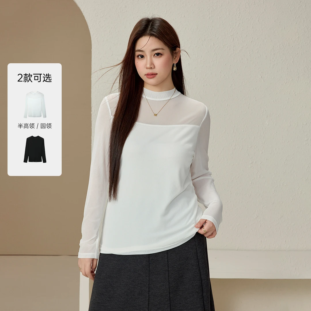 【欧若风云感网纱百搭打底衫】纤莉秀W大码女装半高领针织衫QJ5326