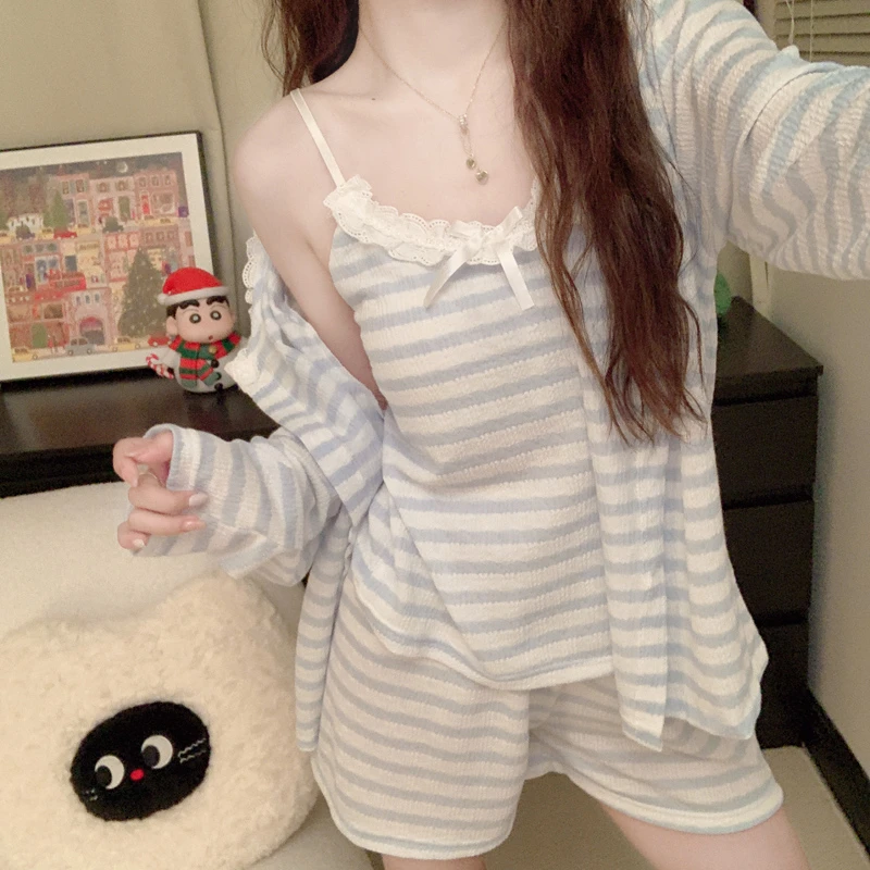 韩系ins风睡衣女款吊带胸垫短裤蓝色条纹三件套可外穿甜美家居服