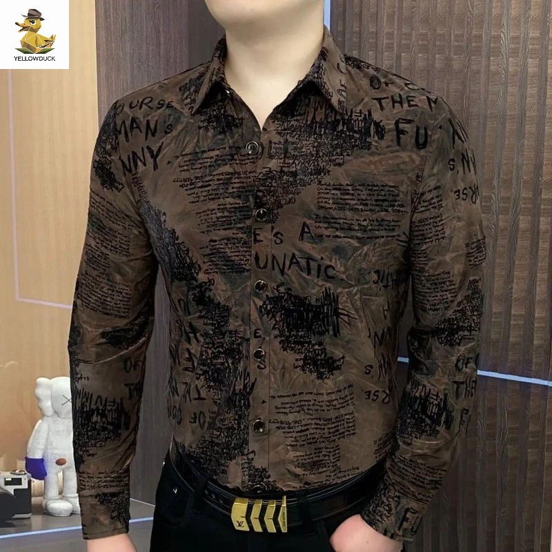 小众春季新款长袖衬衫男轻奢时尚植绒烧花休闲轻熟风痞帅个性衬衣