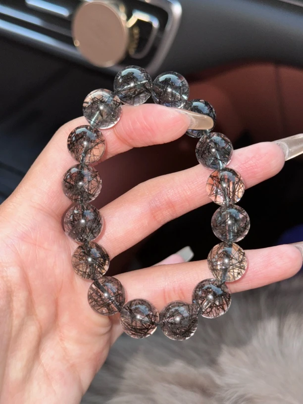 收藏级天然净体冰透蕾丝黑发晶钛晶黑水晶手串