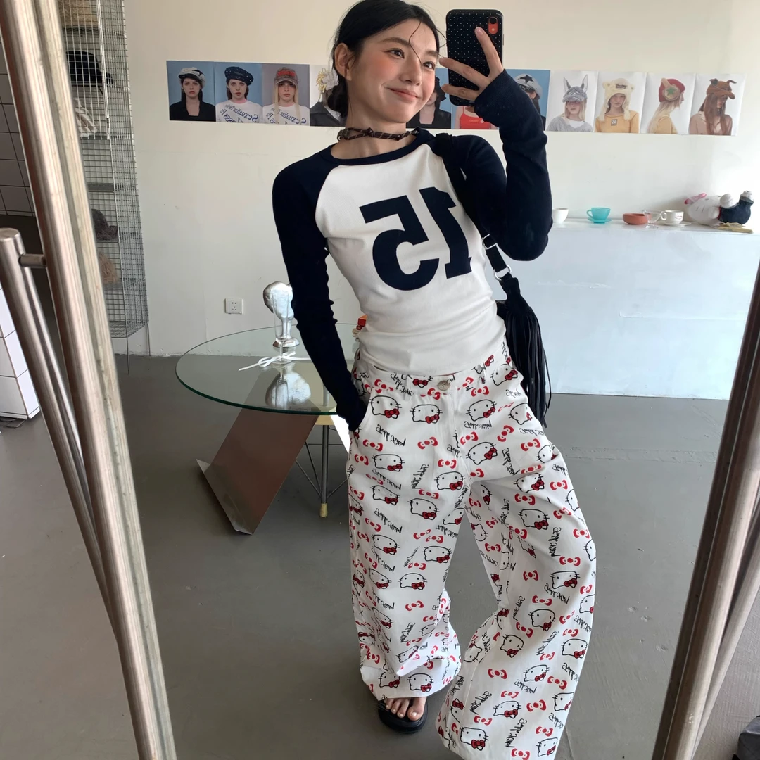 早春夏季卡通可爱直通宽松白色高腰休闲裤时尚印花百搭阔腿拖地裤