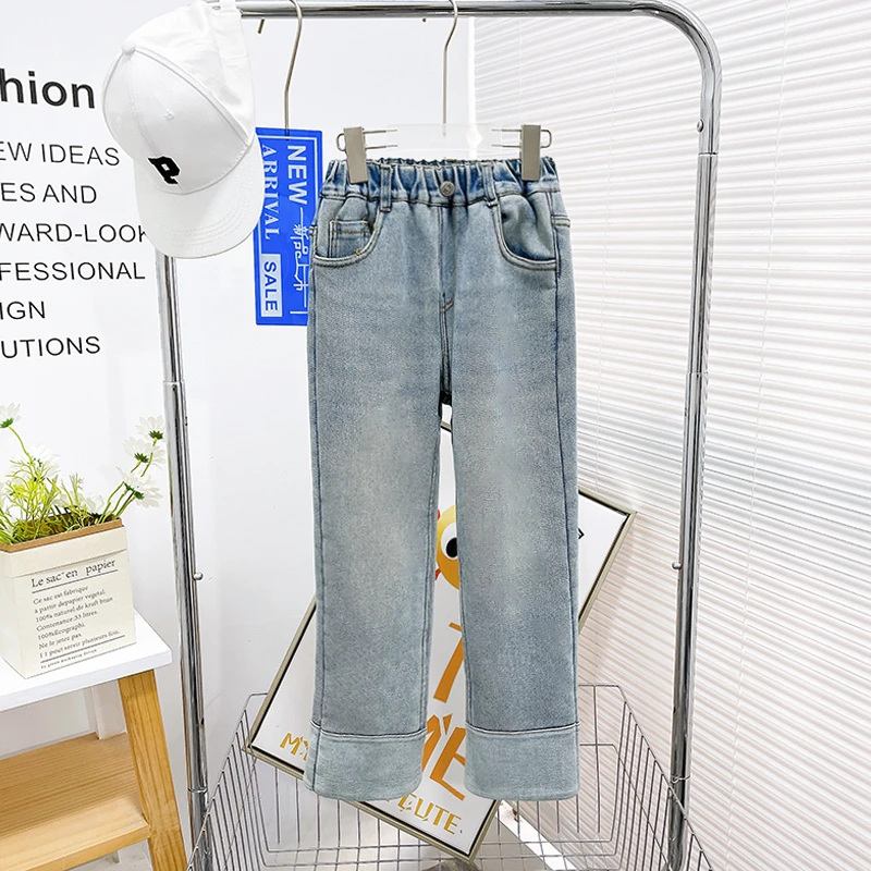 冬季新款女童加绒直筒牛仔裤儿童保暖裤子宽松百搭zb5029简约童品