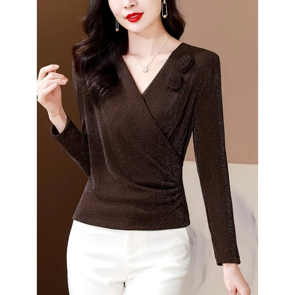 LOzP洋气打底衫t恤女春秋季新款气质设计感百搭v领内搭高端上衣