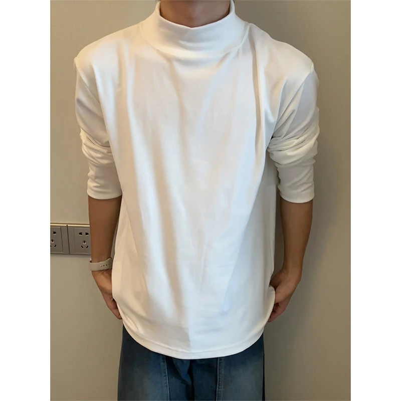 cleanfit白色小领口半高领德绒打底衫男重磅内搭长袖t恤休闲上衣
