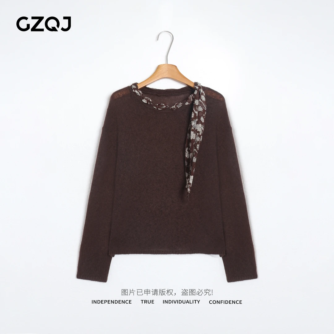 老琴私服【秋日手札】小众设计感领口丝巾拼接针织衫女新款 8535