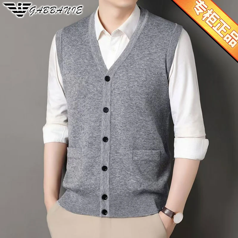 GABBANIE秋冬新款100纯羊毛开衫背心V领无袖毛衣男士坎肩绅士马甲