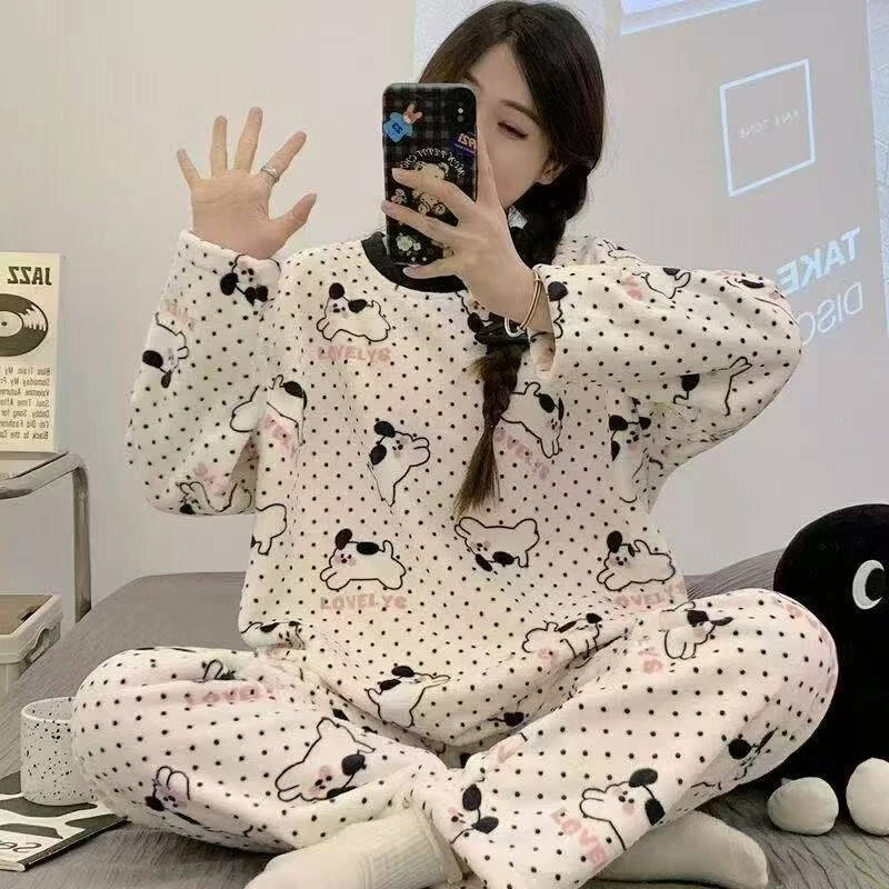 女冬季加绒加厚保暖珊瑚绒法兰绒长袖长裤睡衣套装