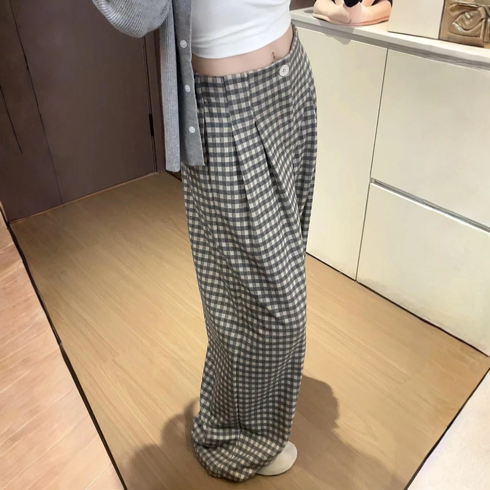 韩系撞色格子西装裤女秋2025新款高腰宽松显瘦直筒慵懒休闲阔腿裤