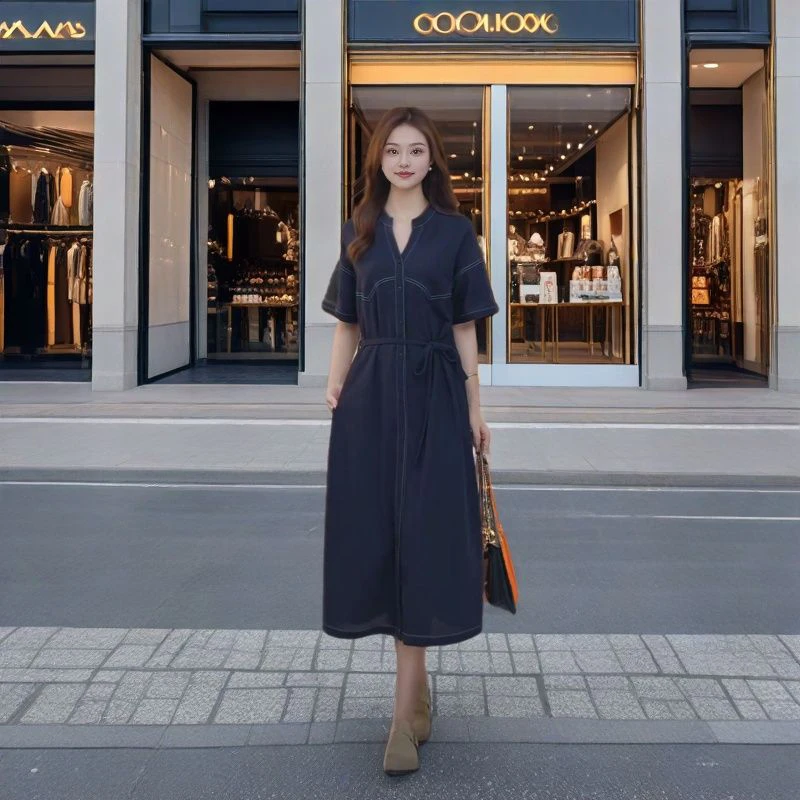 丝光棉时尚复古气质宽松显瘦连衣裙2025夏季新款韩版中长款裙子