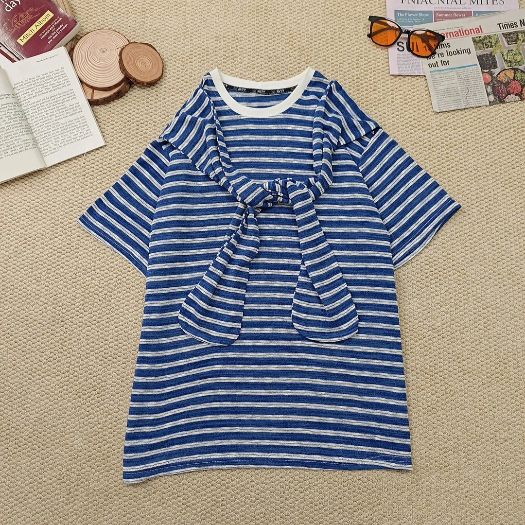 2025夏季新款时尚休闲条纹带披肩防晒针织短袖1579