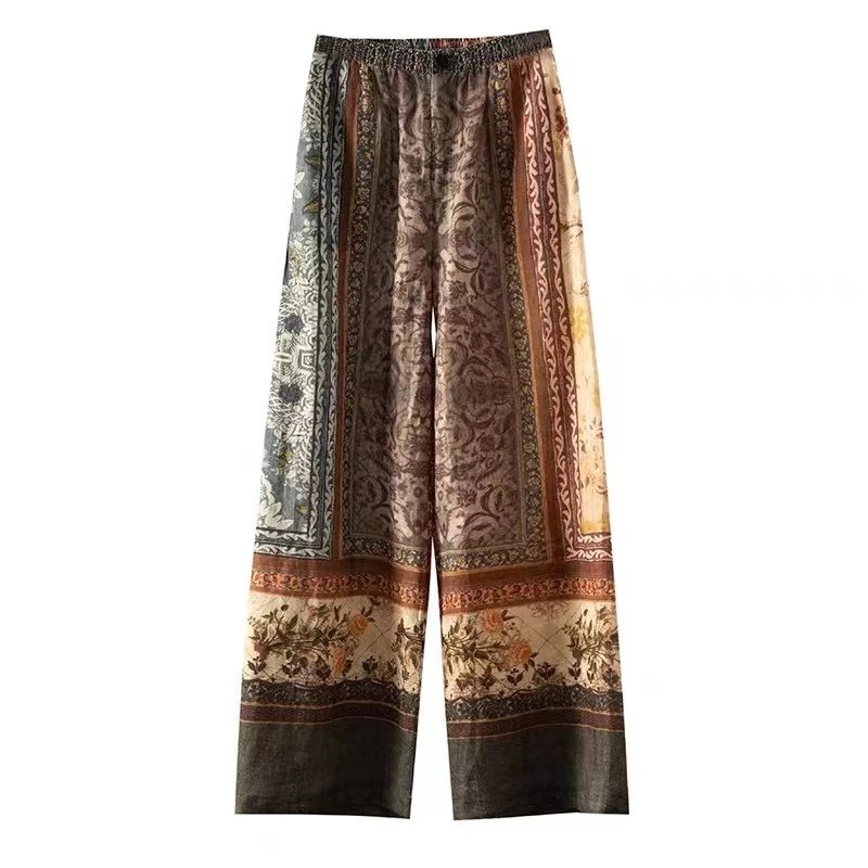 25春夏花色亚麻印花松紧腰休闲阔腿裤女士