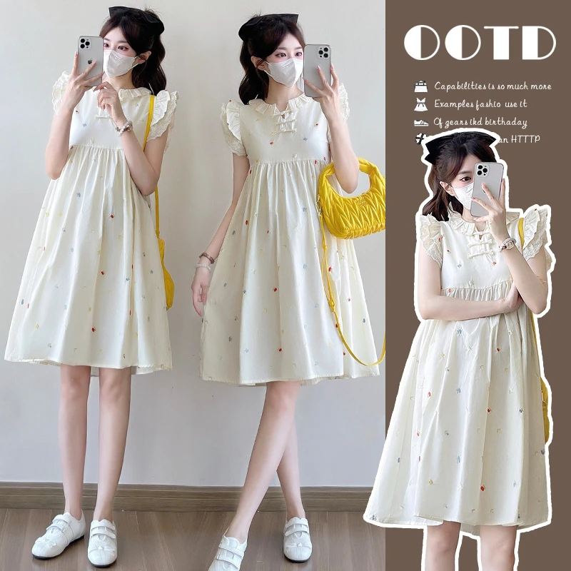 2025夏季高级感法式甜美绣花显瘦时尚小飞袖大码孕妇中长款连衣裙