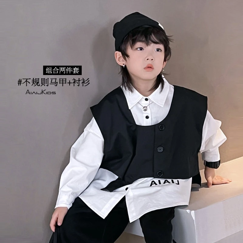 儿童衬衫长袖男童衬衫+背心两件休闲上衣 4073254O6