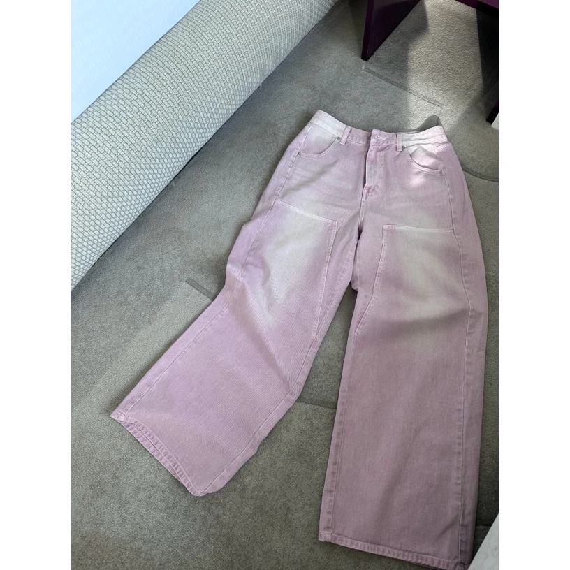『PEACHZHOU』水洗粉色磨白宽松直筒牛仔裤休闲设计感洋气阔腿裤