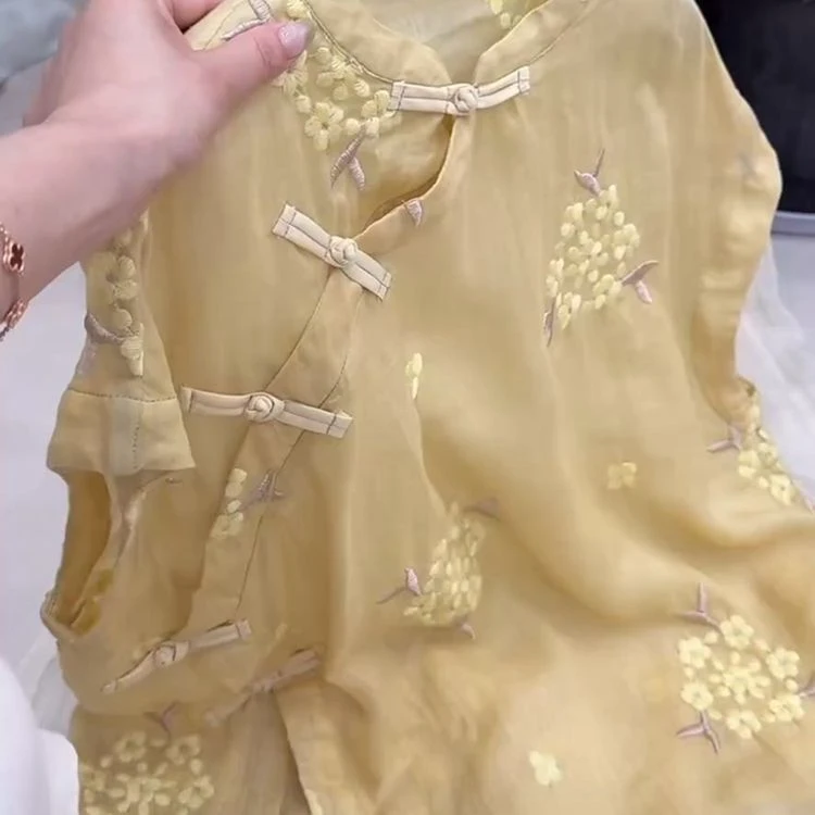 新中式国风气质优雅风黄色上衣盘扣设计感时尚宽松百搭短袖小衫潮