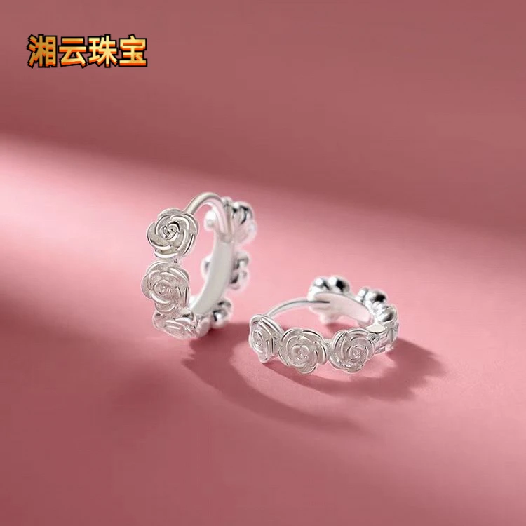 湘云 足银耳饰 耳环女玫瑰花朵耳扣韩版百搭时尚甜美高级感耳圈