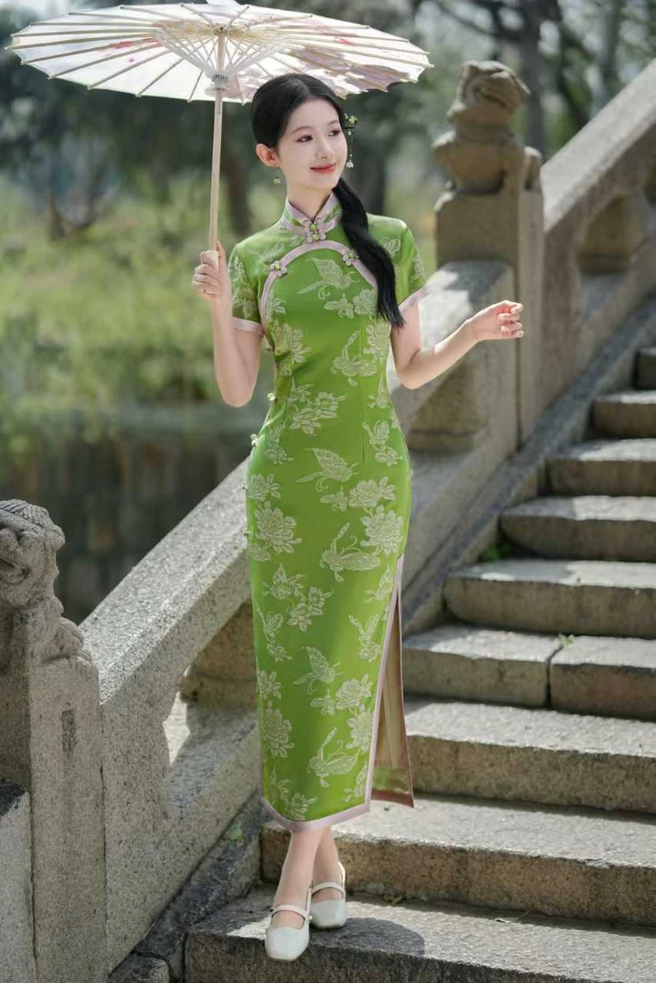 【华夫人】绿色提花段送考气质修身日常显瘦旗袍