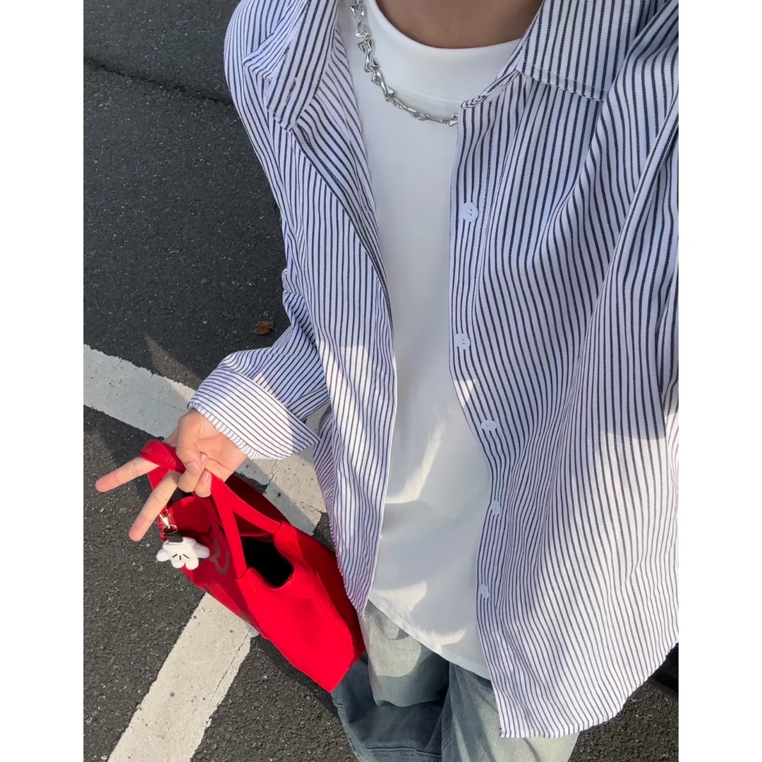 日系复古竖条纹衬衫男款夏季薄款长袖叠穿内搭衬衣休闲百搭外套