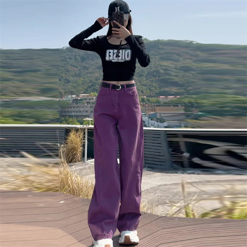 潮酷时髦气质简约纯色牛仔裤女2025春季新款宽松休闲显瘦百搭裤子