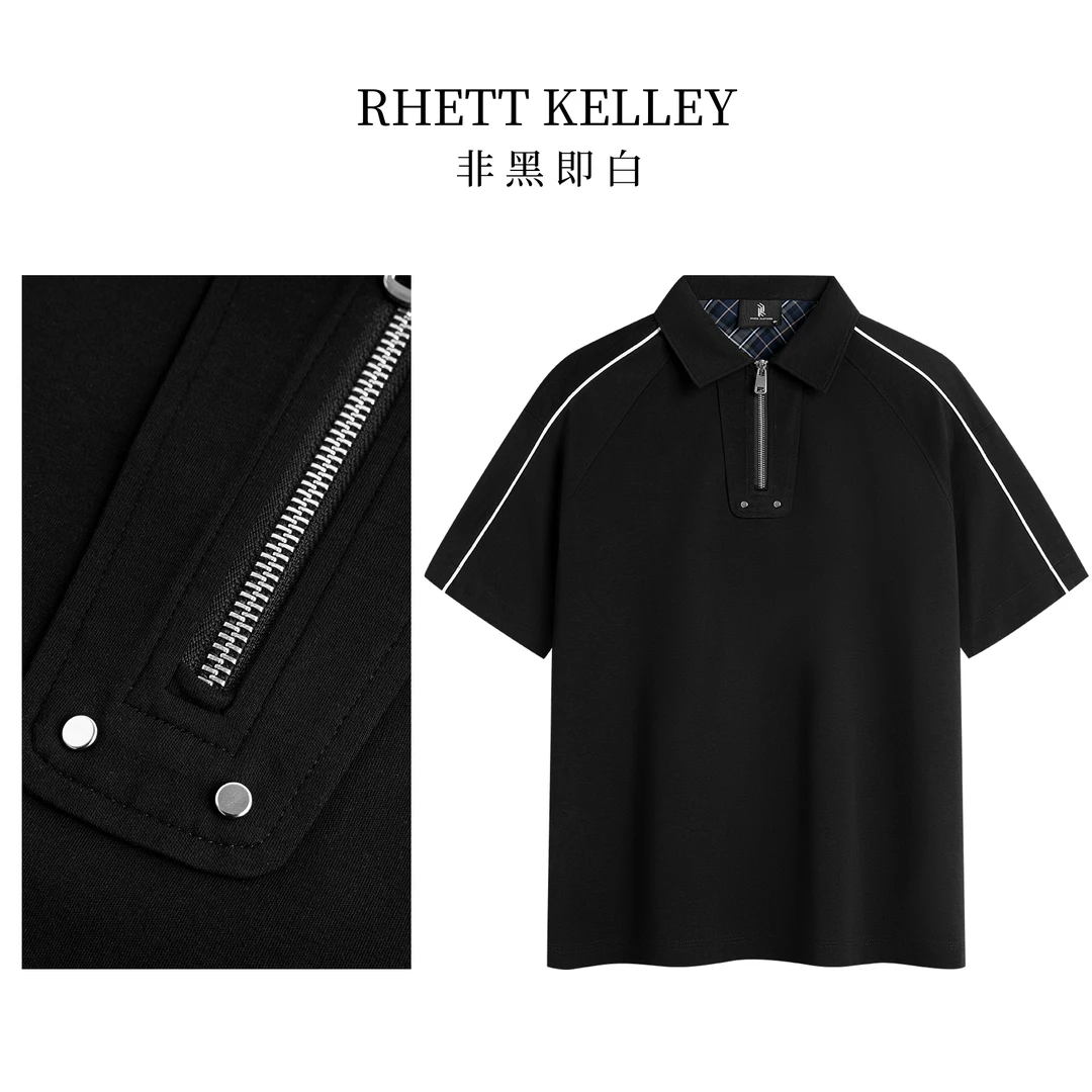 【RHETT KELLEY】夏季明线拼接拉链翻领简约百搭短袖男士POLO衫