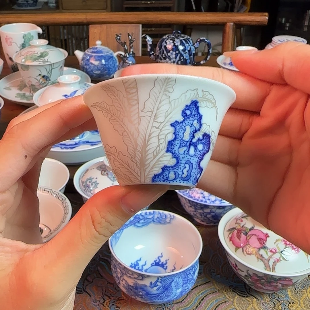 重工描银蕉叶太湖石岩茶杯纯手绘
