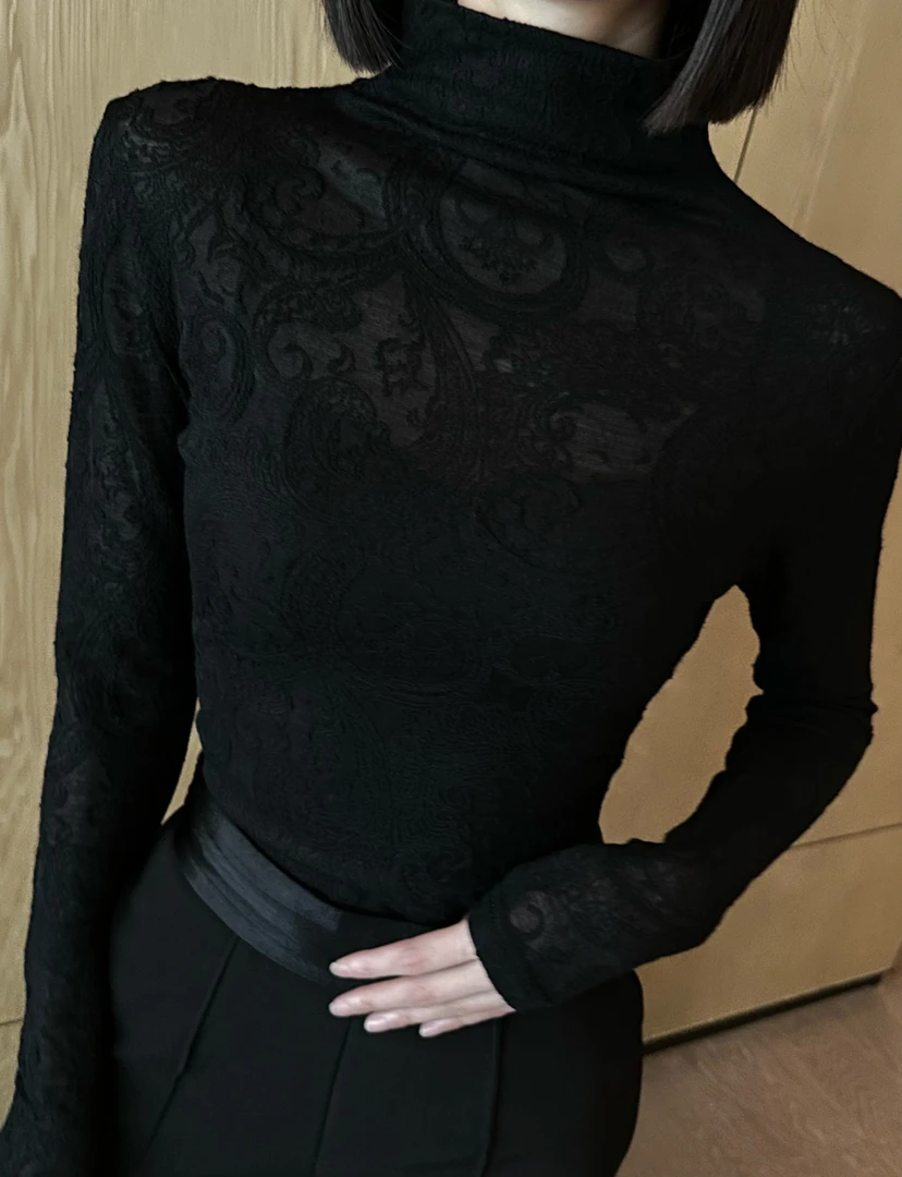琦哥【蕾丝密码】微透高级感半高领修身澳毛羊毛长袖打底衫35248