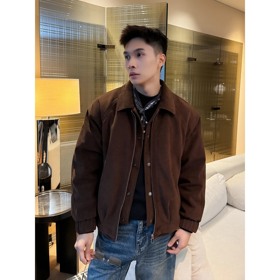 复古绒面灯芯绒拼接高级感翻领解构加绒男外套X390-25121 A81