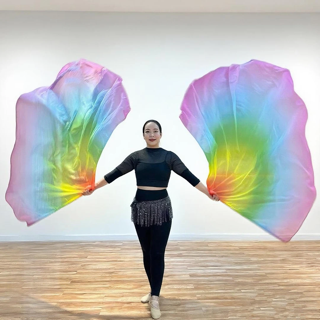 新款舞台道具七彩渐变天丝彩虹赞美旗手持龙肚皮舞开幕式表演纱巾