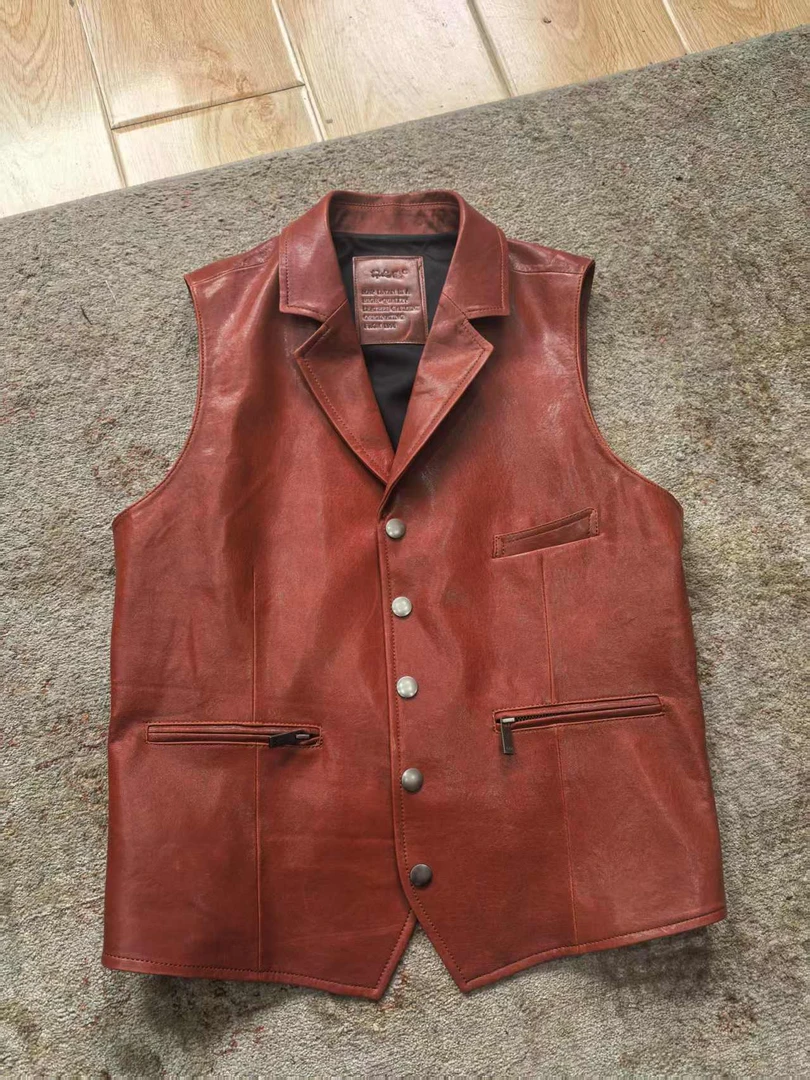 落霞红西装领马甲夏天穿的皮衣头层绵羊皮背心休闲时尚