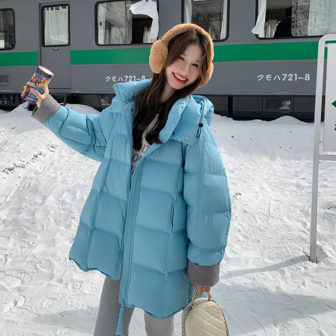 蓝色泡芙羽绒服女冬深冬超好看中长款韩版宽松90绒加厚面包服外套