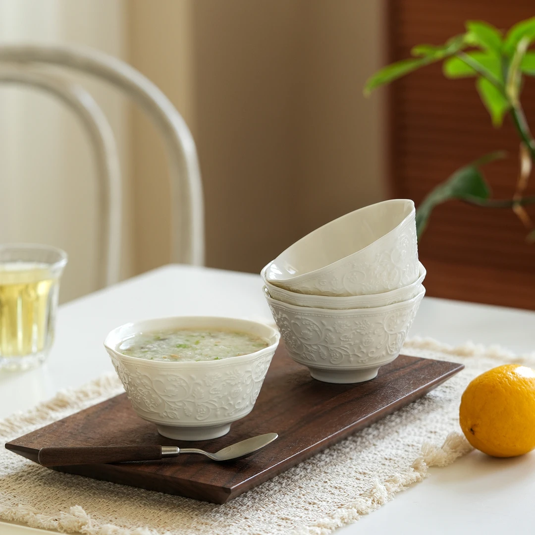 肆月凝白法式浮雕米饭碗特别好看的陶瓷小碗新款高级感餐具甜品碗
