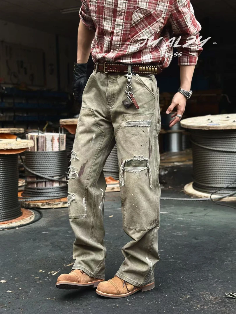 啊亮製衣- 【骑兵】25ss自制重磅复古水洗做旧手工擦色破坏工装裤