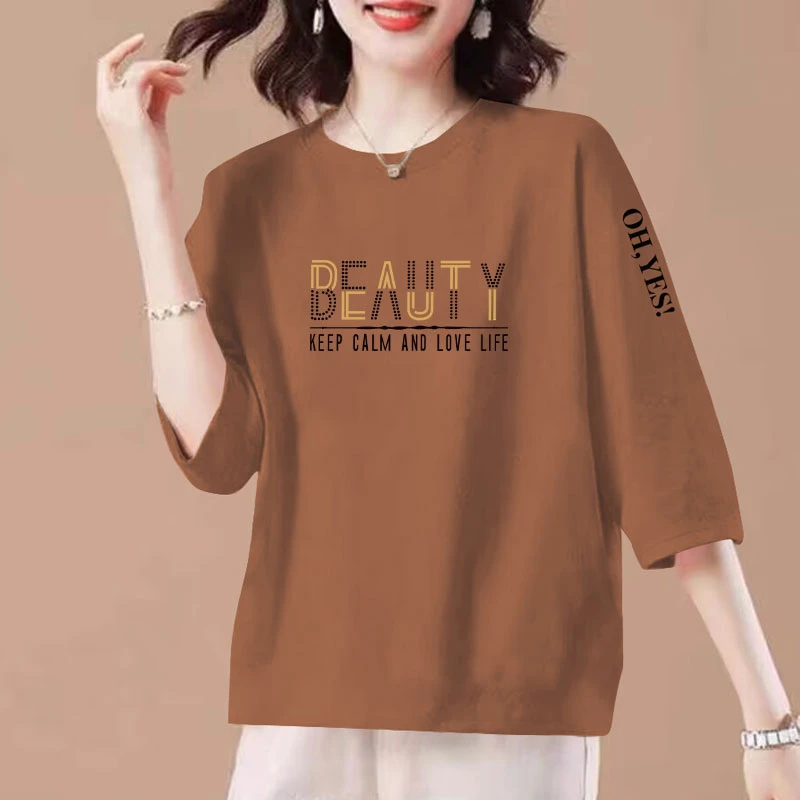 纯棉七分女士上衣韩版夏季新款遮肉时尚体恤衫宽松百搭洋气显瘦