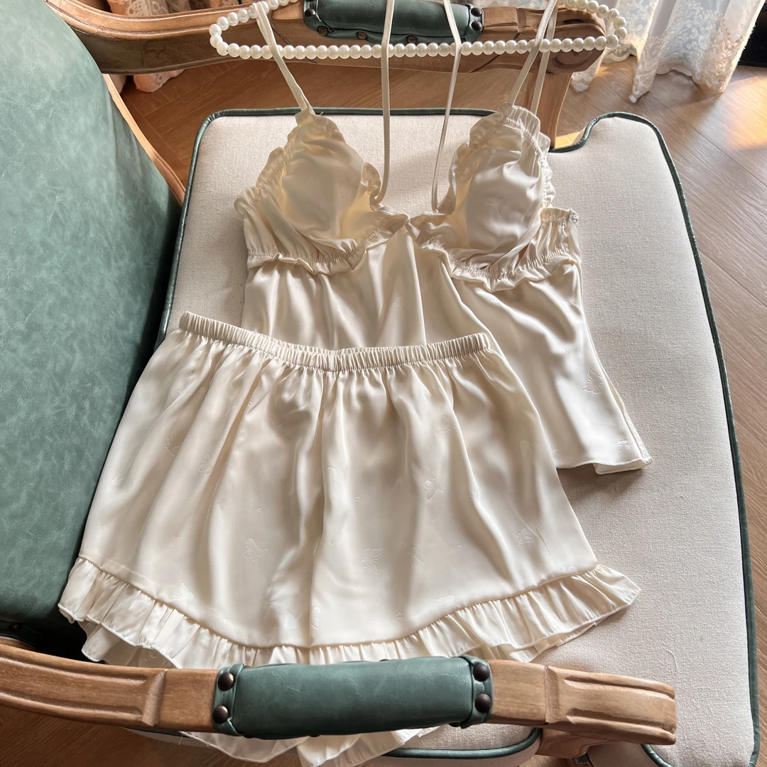 2025新款纯欲风睡衣性感吊带背心短裤睡衣少女甜美法式冰丝家爆款