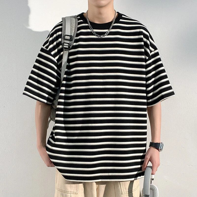 25春夏复古百搭黑白条纹T恤男宽松潮流胖美式圆领短袖大码男款