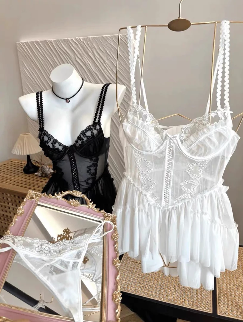 白月光 纯欲蕾丝吊带裙带钢圈蕾丝刺绣网纱透视高级感白色睡裙